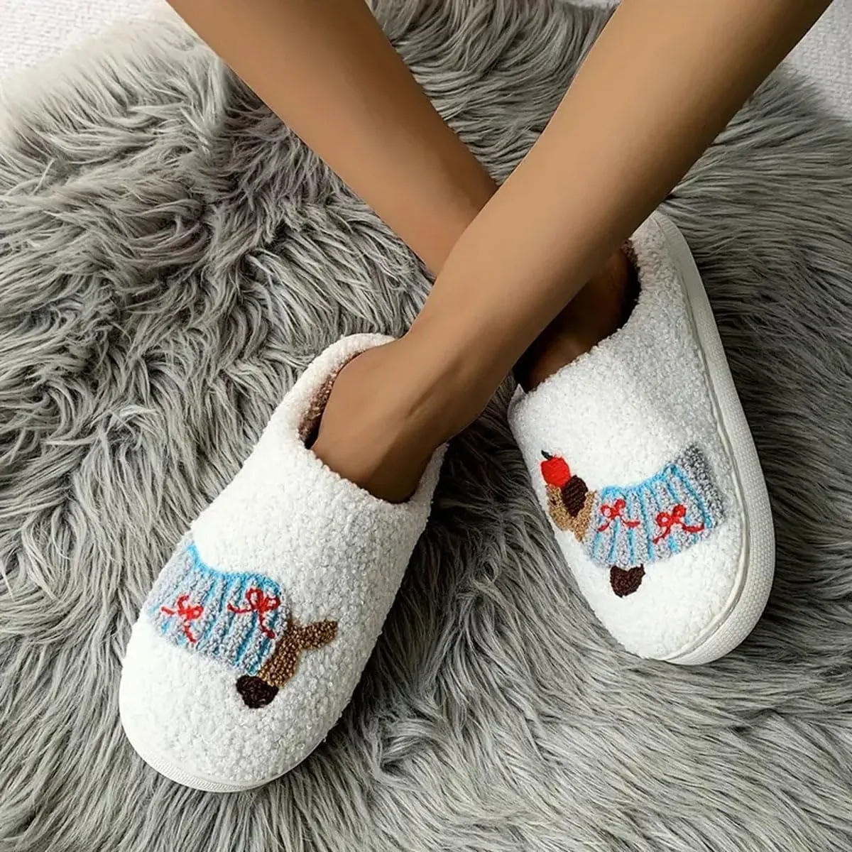 Womens Mens Dachshund Slippers Cute Dog Cartoon Bow Slippers Fuzzy Warm Plush Couple House Shoes