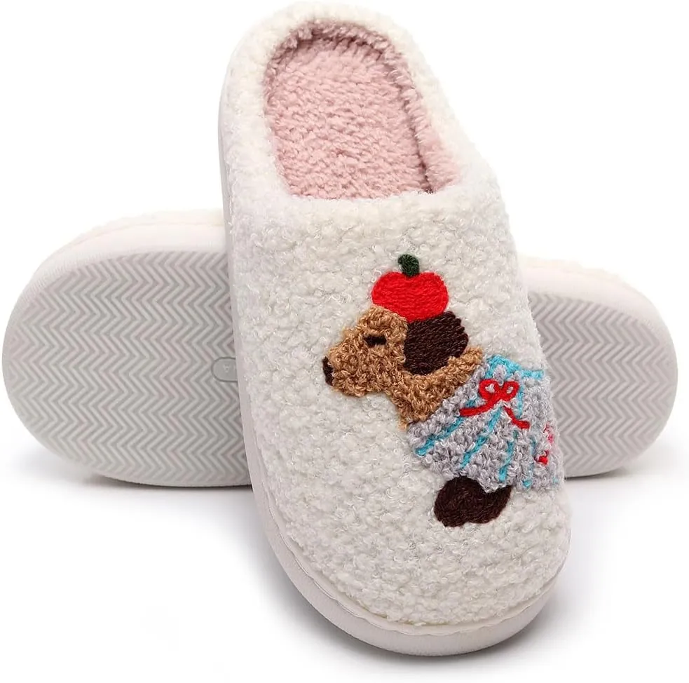 Womens Mens Dachshund Slippers Cute Dog Cartoon Bow Slippers Fuzzy Warm Plush Couple House Shoes