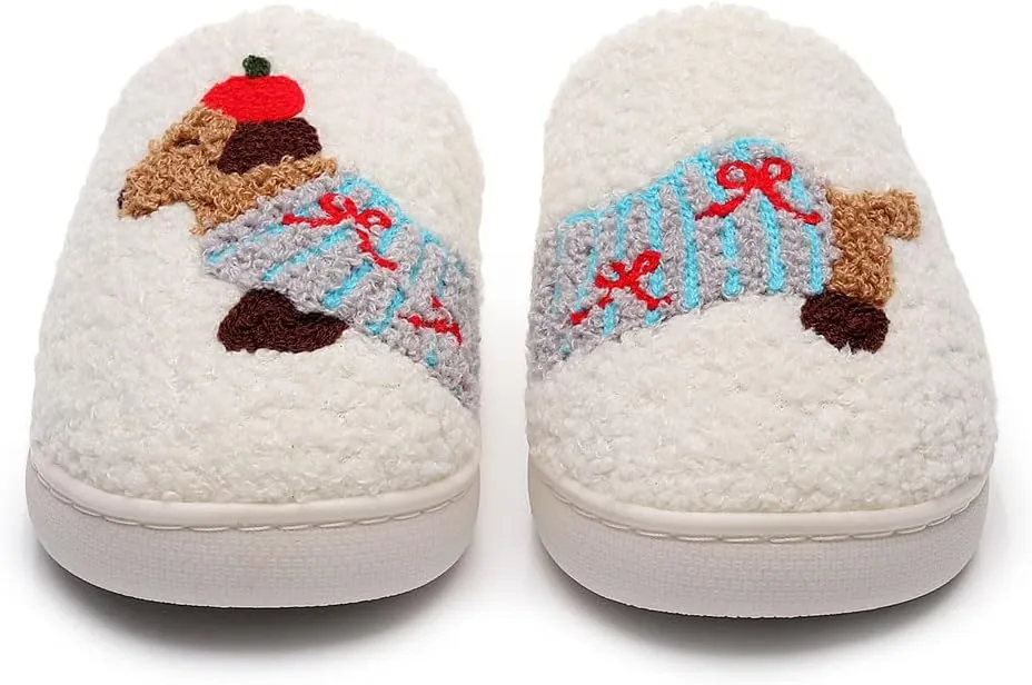 Womens Mens Dachshund Slippers Cute Dog Cartoon Bow Slippers Fuzzy Warm Plush Couple House Shoes