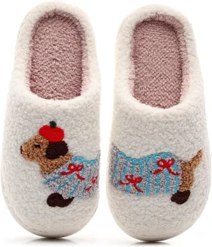Womens Mens Dachshund Slippers Cute Dog Cartoon Bow Slippers Fuzzy Warm Plush Couple House Shoes