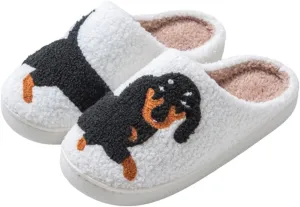 Womens Mens Dachshund Slippers Cute Dog Cartoon Bow Slippers Fuzzy Warm Plush Couple House Shoes