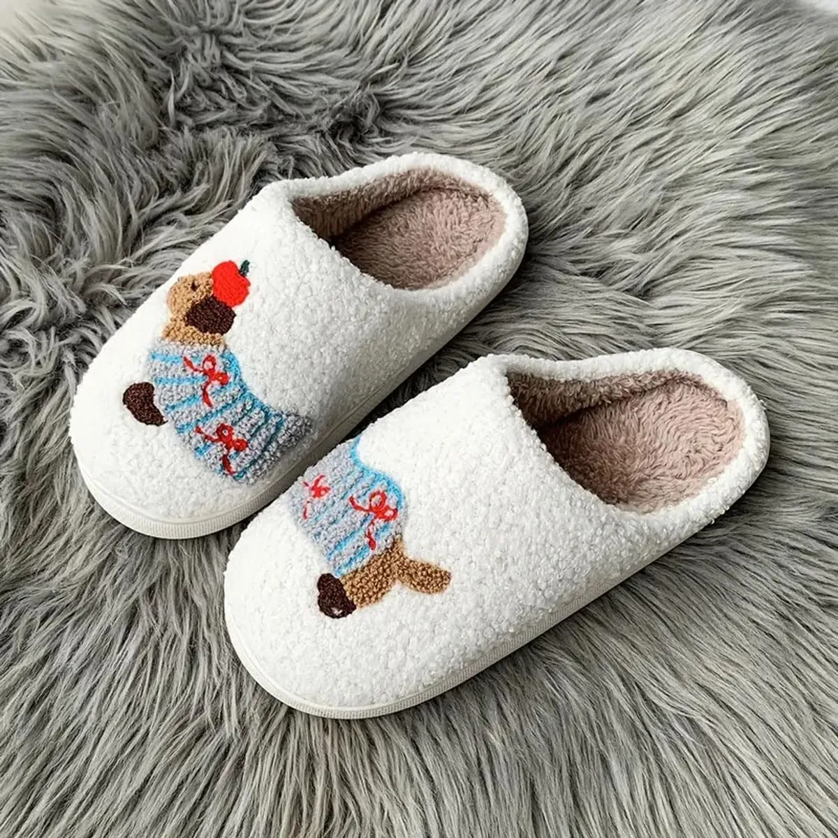 Womens Mens Dachshund Slippers Cute Dog Cartoon Bow Slippers Fuzzy Warm Plush Couple House Shoes