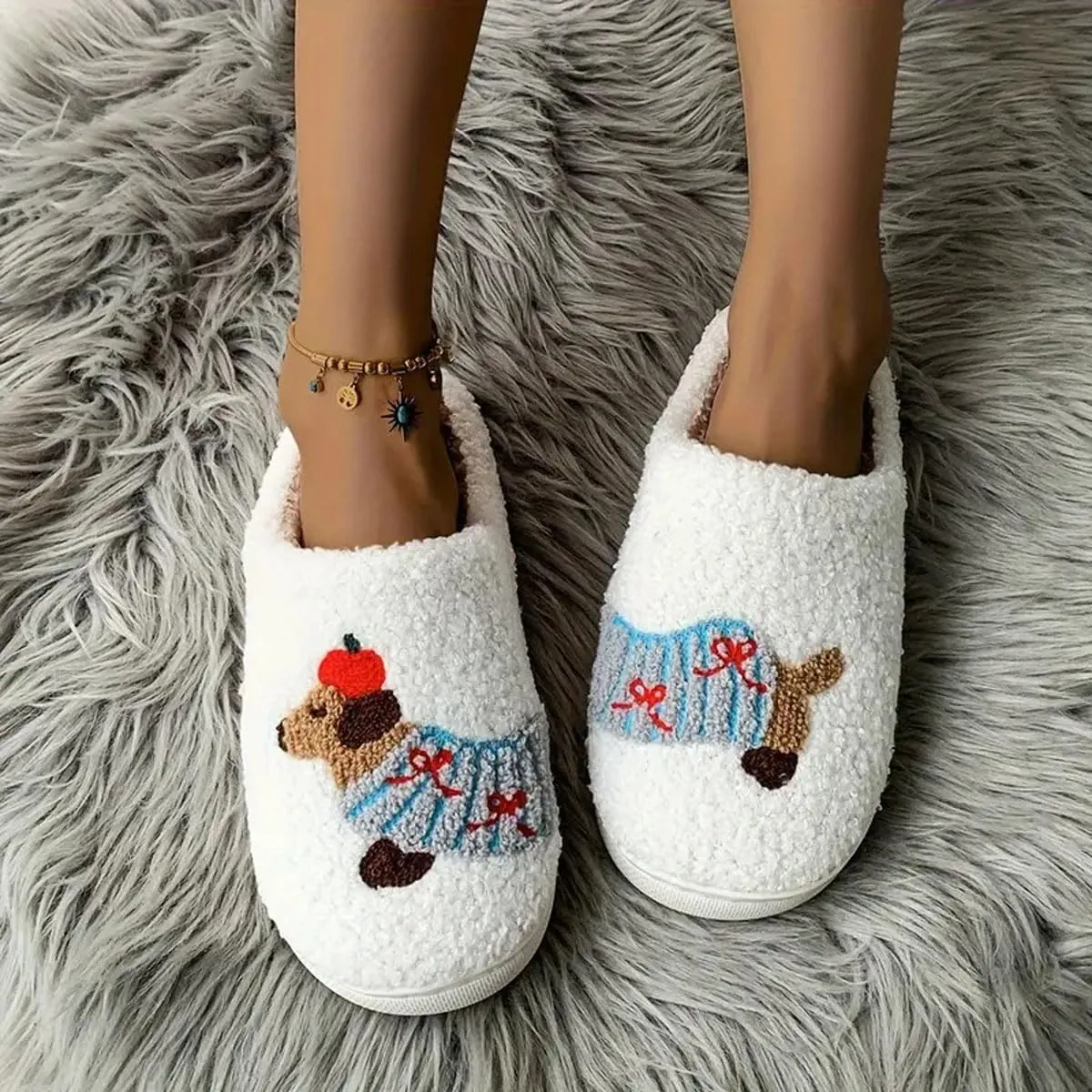 Womens Mens Dachshund Slippers Cute Dog Cartoon Bow Slippers Fuzzy Warm Plush Couple House Shoes