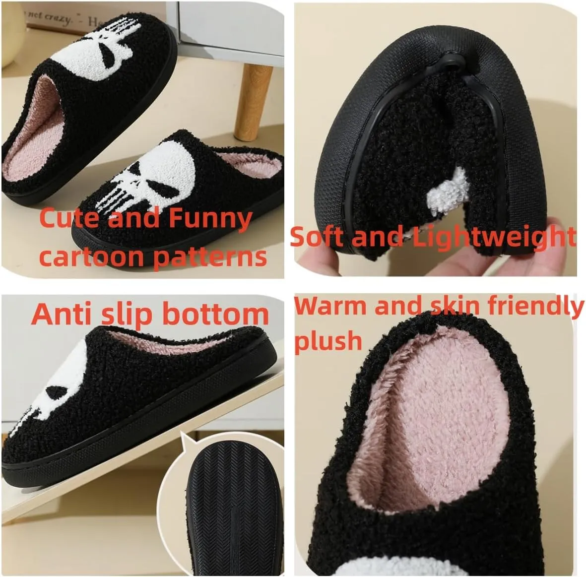 Womens Mens Slippers Retro Memory Foam Cute Cartoon Skeleton Ghost Pumpkin Plush Fluffy Warm Fur Lined slippers, Slip-Resistant Indoor House Home Winter Shoes