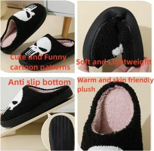 Womens Mens Slippers Retro Memory Foam Cute Cartoon Skeleton Ghost Pumpkin Plush Fluffy Warm Fur Lined slippers, Slip-Resistant Indoor House Home Winter Shoes