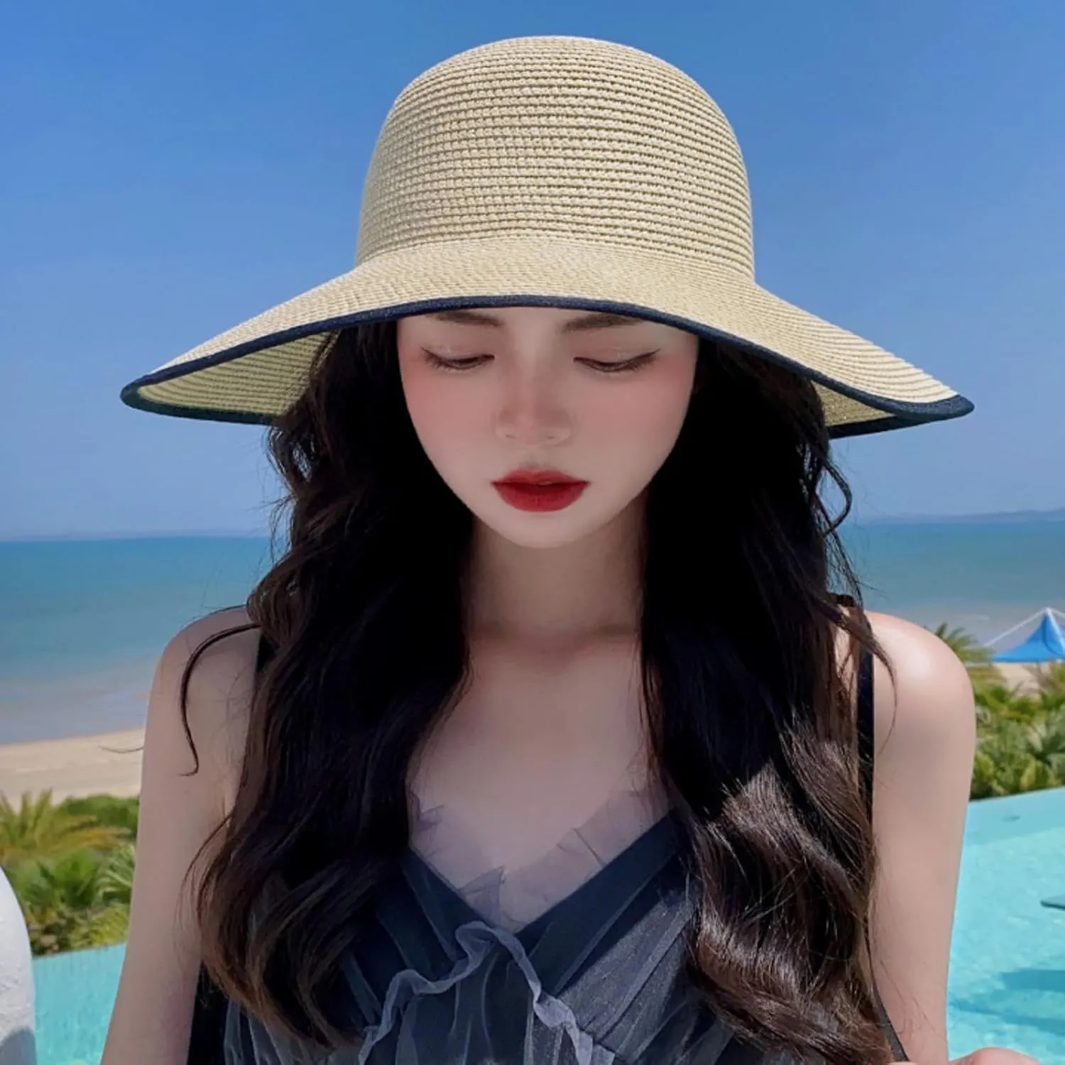 Womens Mens Wide Brim Straw Panama Hat Beach Sun Hat Summer Wide Brim Straw Roll up Hat Fisherman's UPF 50