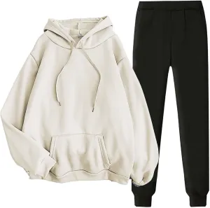 Womens Oversized 2 Piece Sweatsuit Outdoor Sports Jogging Trendy Tracksuit Sets Solid Color Cozy Lounge Sportwear Set