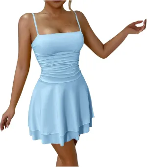Women's Sexy Sleeveless Cami Mini Dress Summer Backless Double Layer Short Dresses Ruched Cocktail Party A Line Dress