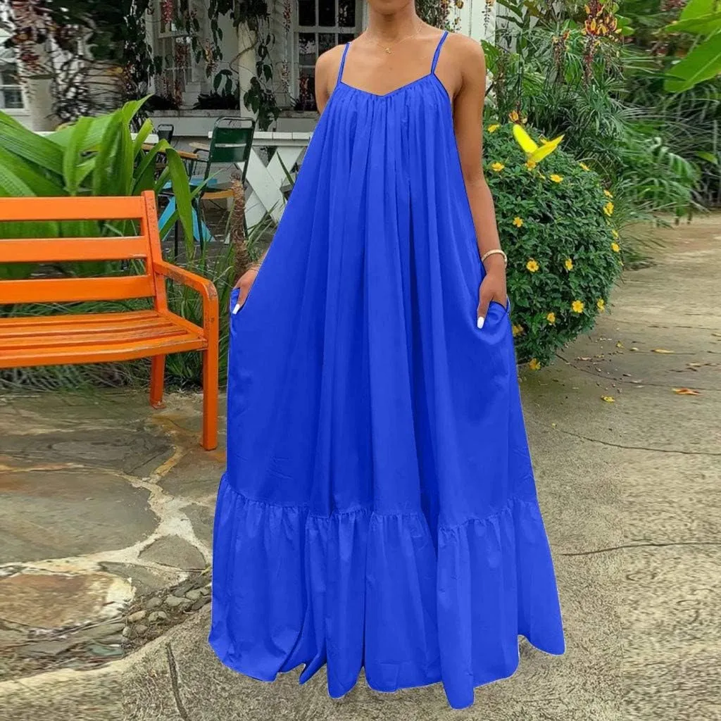 Womens Sexy Spaghetti Strap Sleeveless Ruched Ruffle Hem Bandage Oversized Beach Sundress Loose Long Maxi Swing Dress