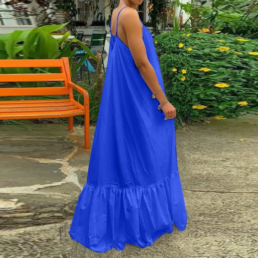 Womens Sexy Spaghetti Strap Sleeveless Ruched Ruffle Hem Bandage Oversized Beach Sundress Loose Long Maxi Swing Dress