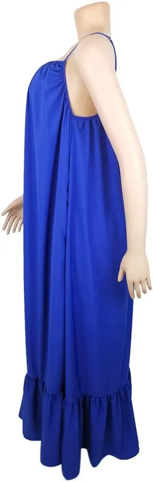 Womens Sexy Spaghetti Strap Sleeveless Ruched Ruffle Hem Bandage Oversized Beach Sundress Loose Long Maxi Swing Dress
