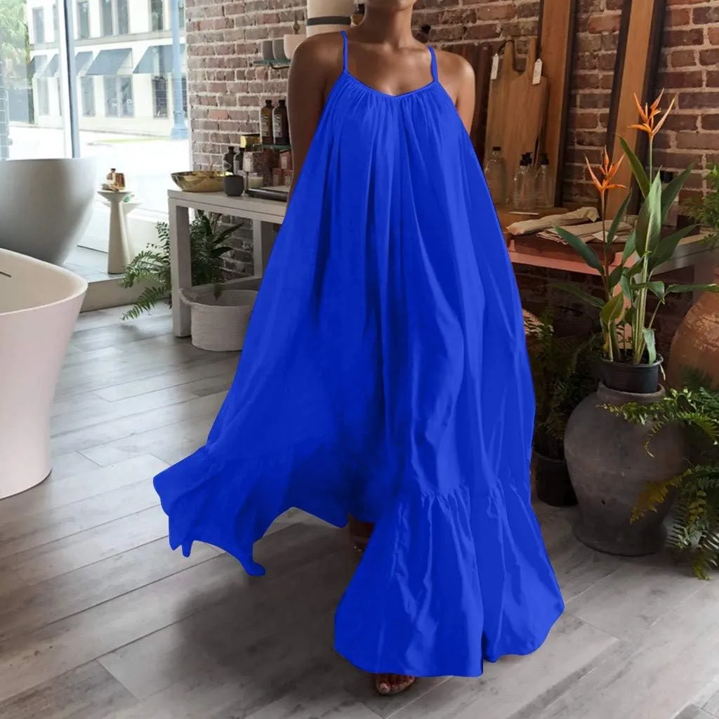 Womens Sexy Spaghetti Strap Sleeveless Ruched Ruffle Hem Bandage Oversized Beach Sundress Loose Long Maxi Swing Dress