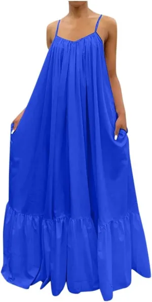 Womens Sexy Spaghetti Strap Sleeveless Ruched Ruffle Hem Bandage Oversized Beach Sundress Loose Long Maxi Swing Dress
