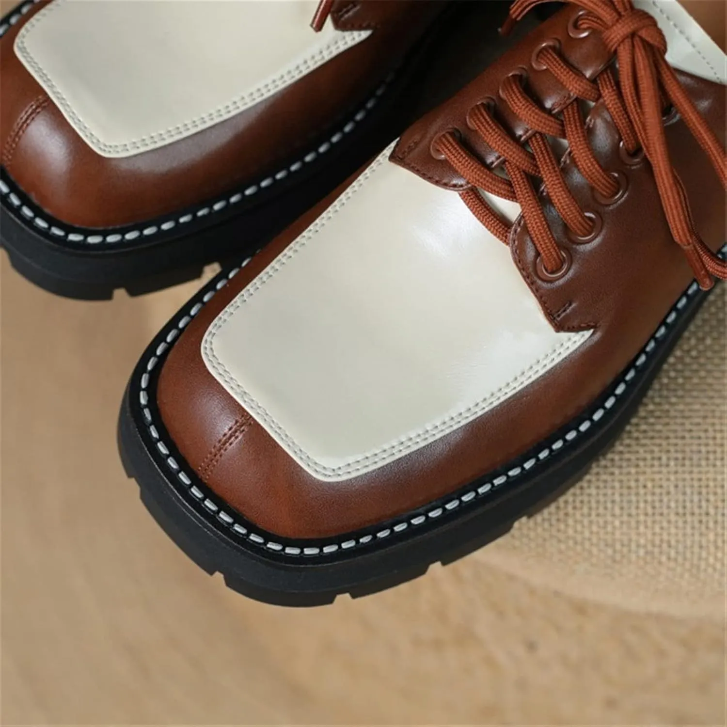 Womens Shoes Women Split Leather Shoes Office Lady Daily Lace Up Square Toe Pumps Plus