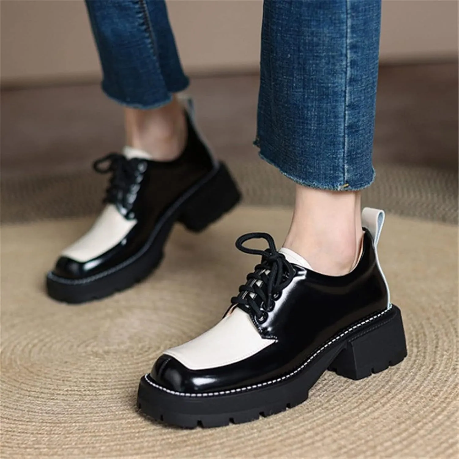 Womens Shoes Women Split Leather Shoes Office Lady Daily Lace Up Square Toe Pumps Plus