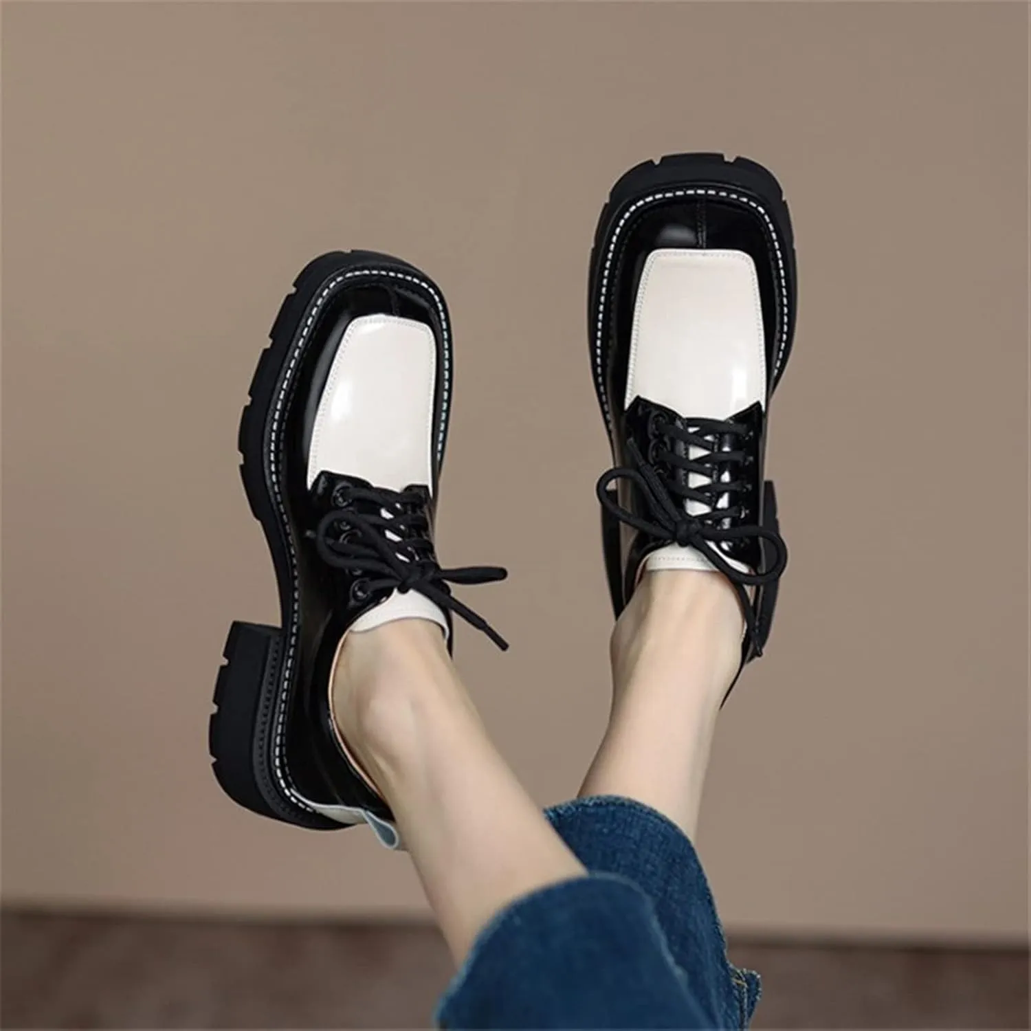 Womens Shoes Women Split Leather Shoes Office Lady Daily Lace Up Square Toe Pumps Plus
