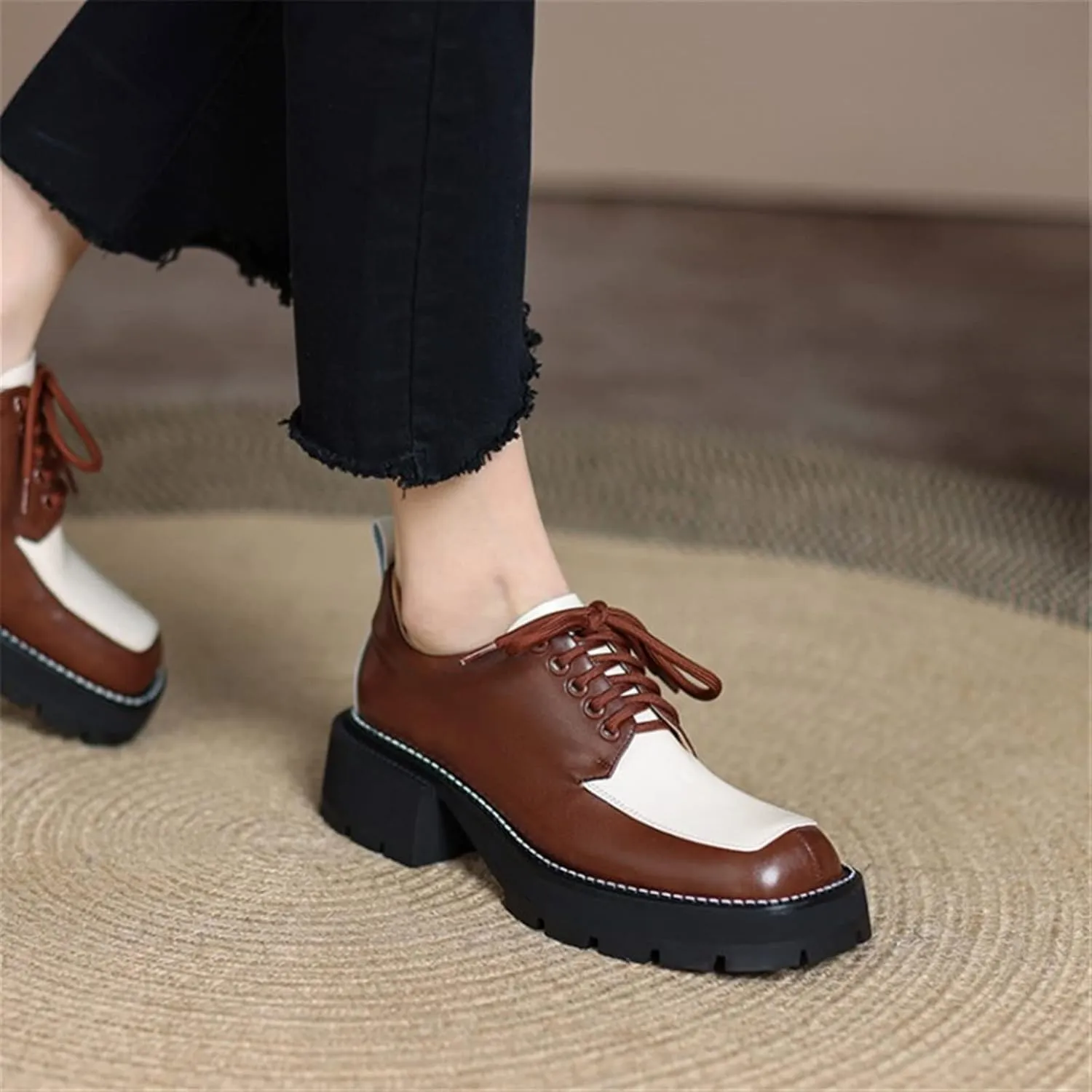 Womens Shoes Women Split Leather Shoes Office Lady Daily Lace Up Square Toe Pumps Plus