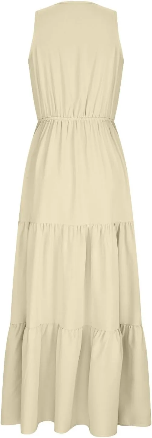 Women's Sleeveless Loose Sundress V-Neck Tiered Maxi Dresses Trendy Comfortable Casual 2025 Long Dress