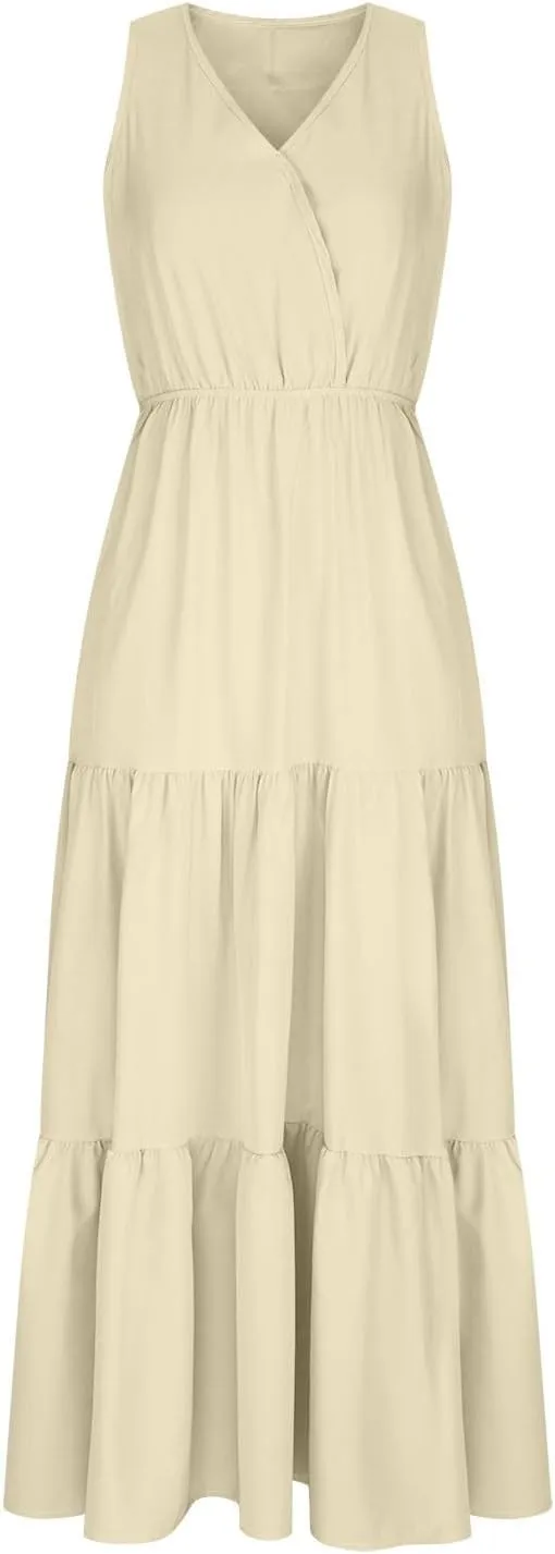 Women's Sleeveless Loose Sundress V-Neck Tiered Maxi Dresses Trendy Comfortable Casual 2025 Long Dress