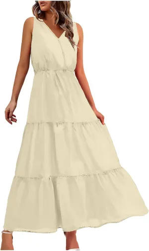 Women's Sleeveless Loose Sundress V-Neck Tiered Maxi Dresses Trendy Comfortable Casual 2025 Long Dress
