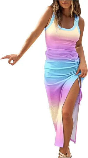 Women's Sleeveless Split Midi Dresses Regular Fit Boho Print Dresses Fashion Casual Summer Sundress