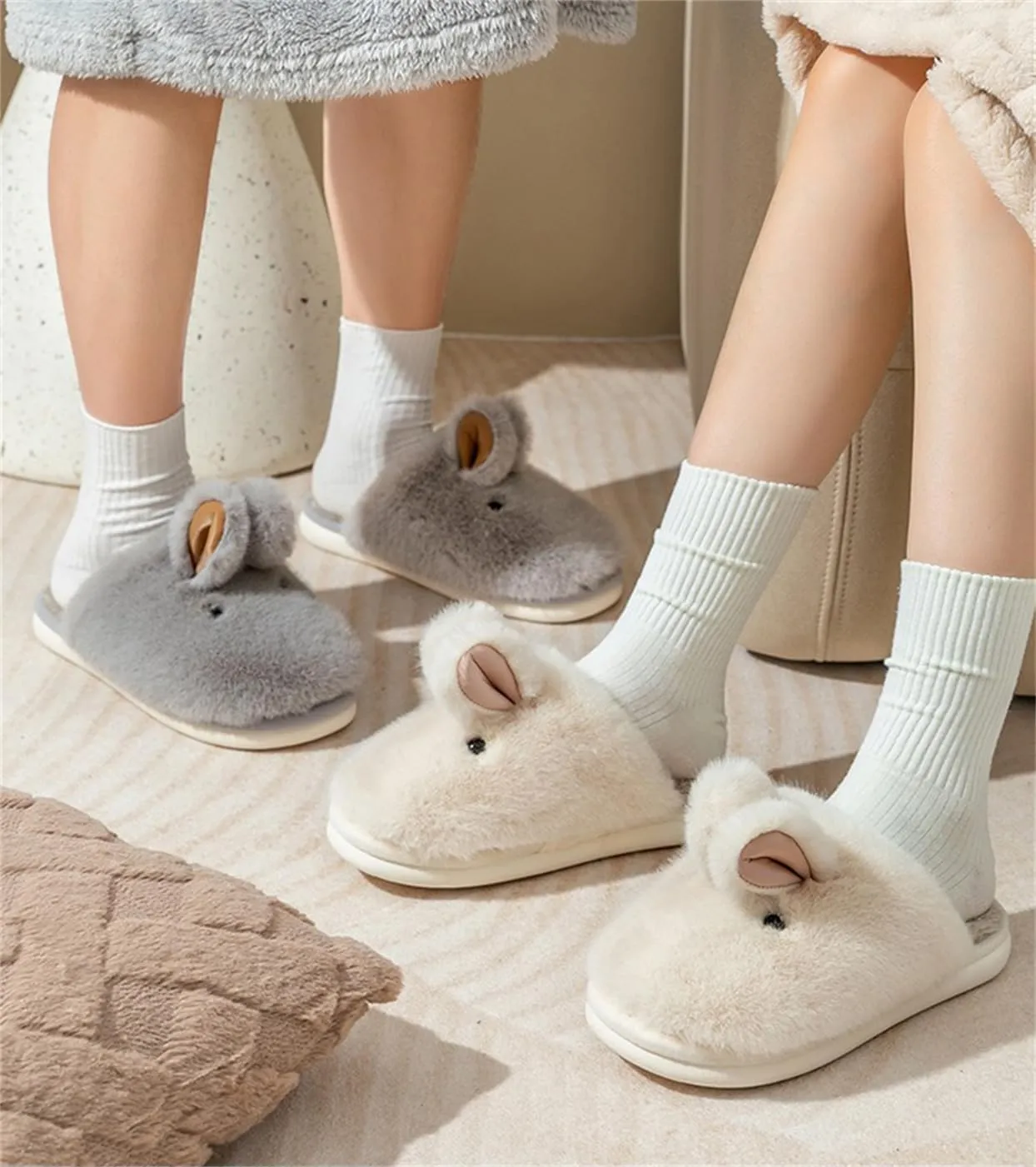 Women's Slippers Rabbit Slippers Cartoon Animal Plush Slippers Thickened PVC Sole Are Suitable for Indoor Home Cotton Slippers, MIR-2424-1