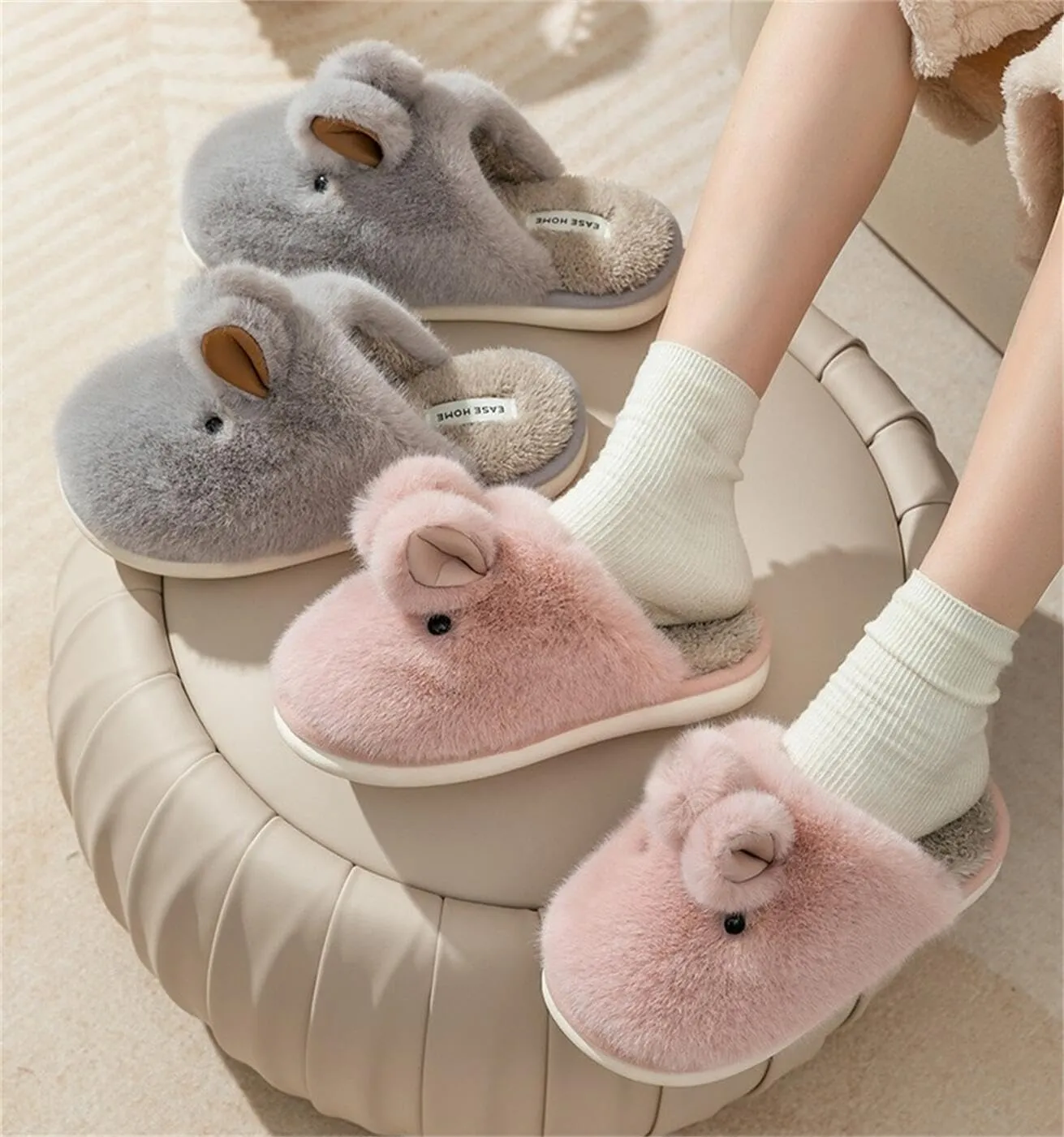 Women's Slippers Rabbit Slippers Cartoon Animal Plush Slippers Thickened PVC Sole Are Suitable for Indoor Home Cotton Slippers, MIR-2424-1