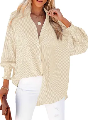 Womens Smocked Cuffed Striped Boyfriend Shirt Casual Collar Long Sleeve Oversized Button Down Blouse Tops with Pocket Shirred