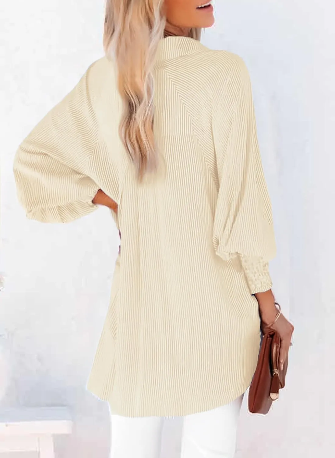 Womens Smocked Cuffed Striped Boyfriend Shirt Casual Collar Long Sleeve Oversized Button Down Blouse Tops with Pocket Shirred