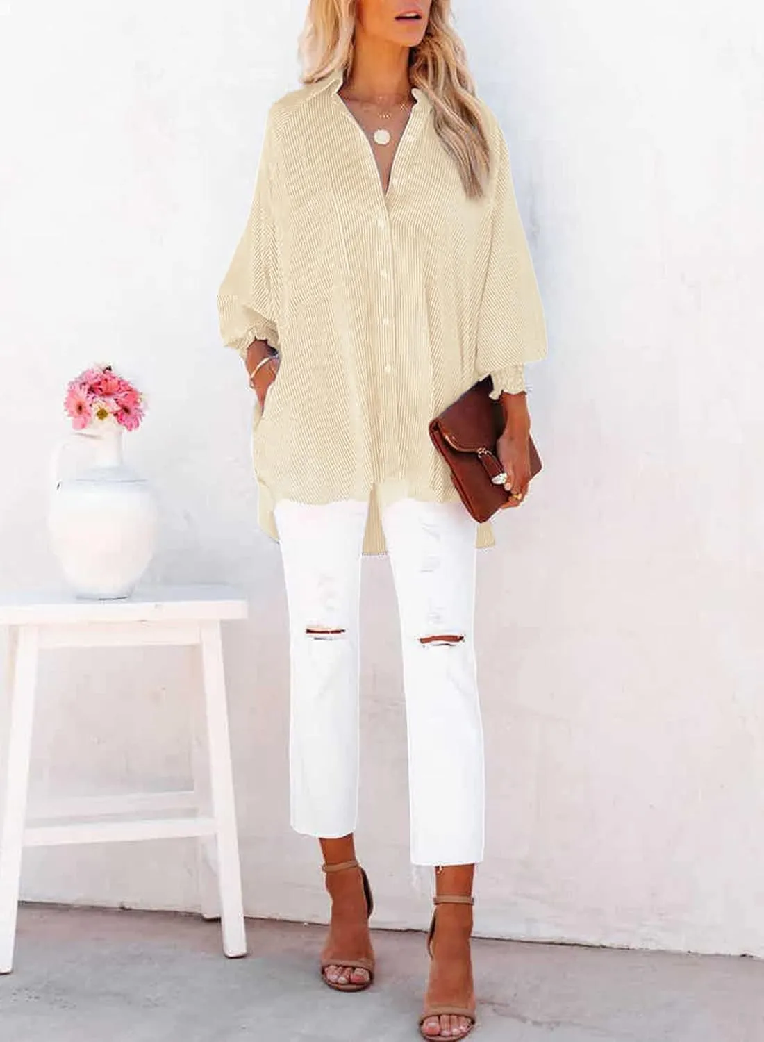 Womens Smocked Cuffed Striped Boyfriend Shirt Casual Collar Long Sleeve Oversized Button Down Blouse Tops with Pocket Shirred