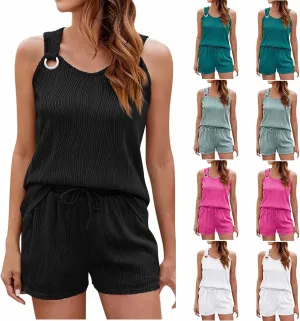 Women's Summer 2 Piece Outfits Casual Tracksuit Texture Sleeveless Shirts And Lace Up Shorts Beach Matching Lounge Set