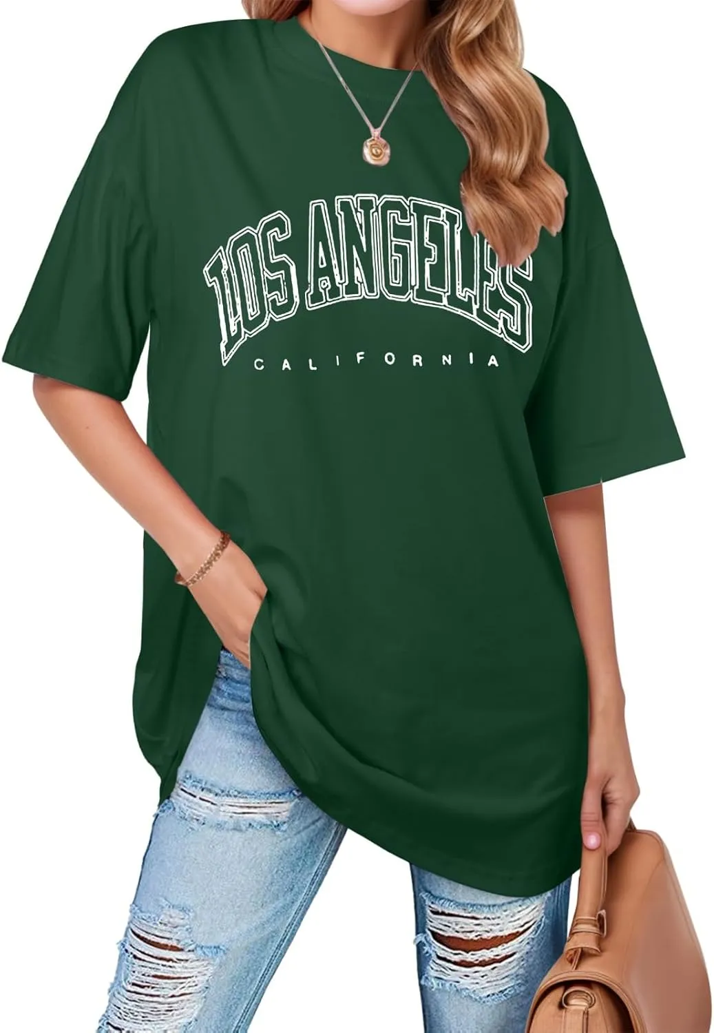 Women's Summer Los Angeles California Tees Shirts 2025 Letter Print Trendy Loose Fit Tops Going Out Graphic Casual