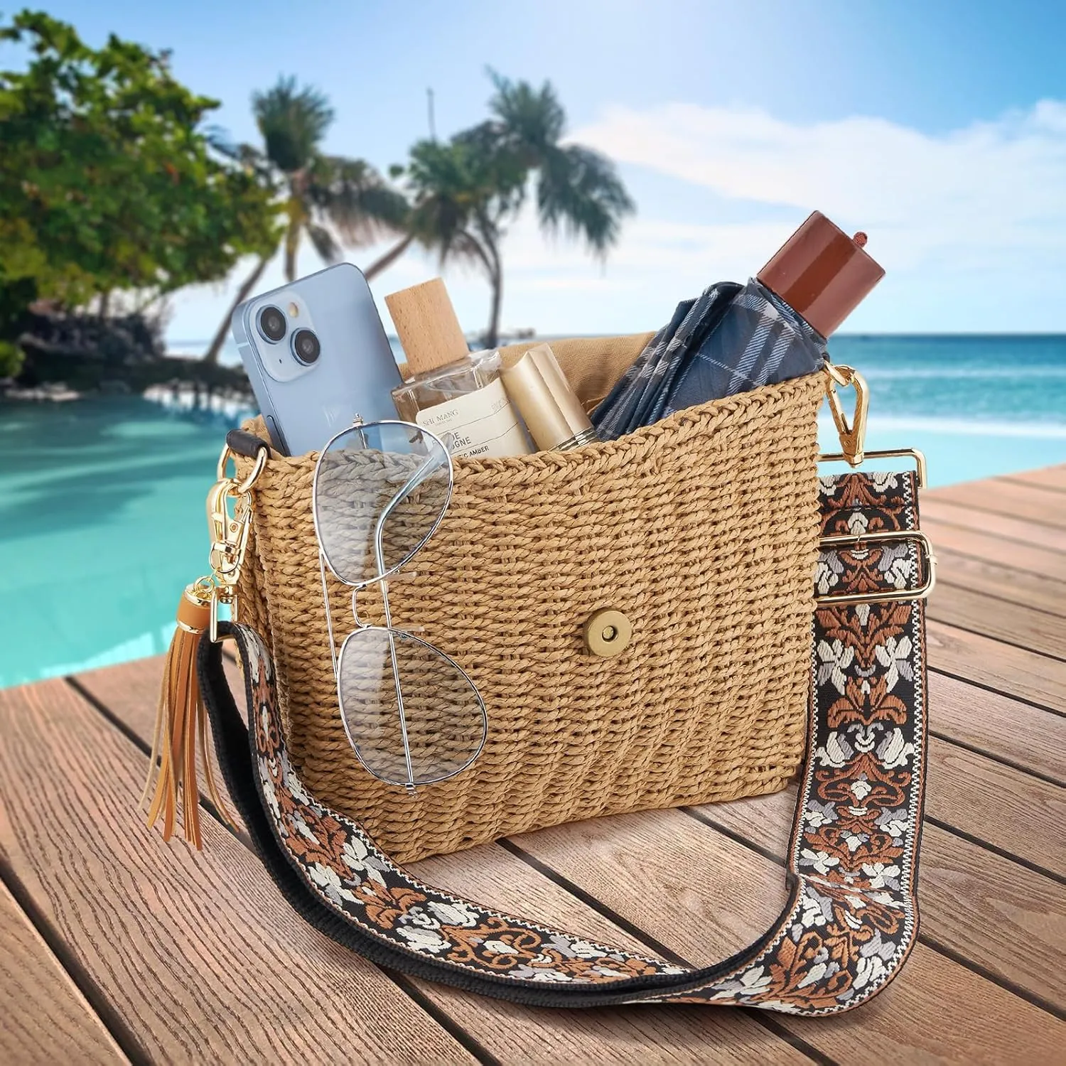 Women's Summer Straw Braided Crossbody Bag with Tassel Chain,Shoulder Straps Woven Beach Handbag Handmade Wallet Purse