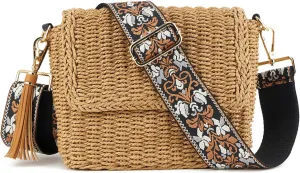 Women's Summer Straw Braided Crossbody Bag with Tassel Chain,Shoulder Straps Woven Beach Handbag Handmade Wallet Purse