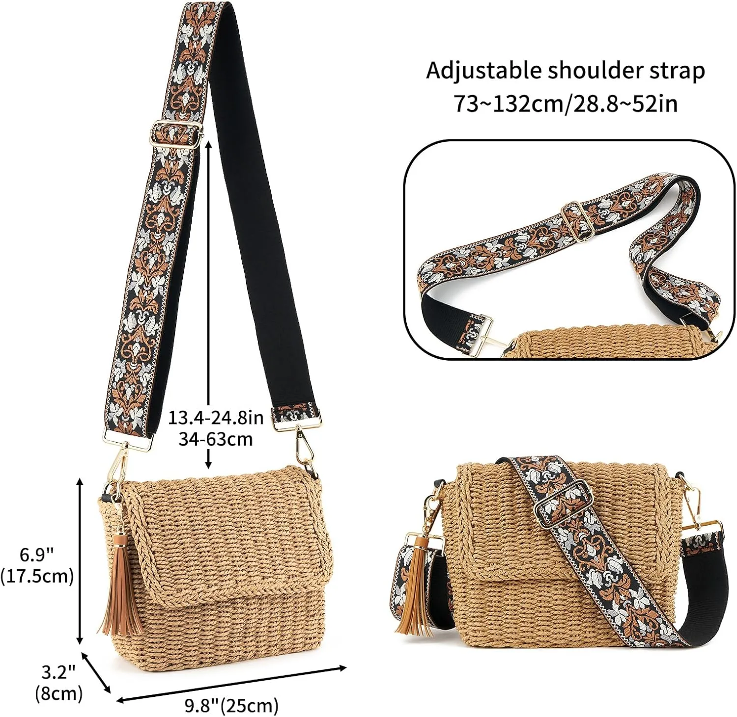 Women's Summer Straw Braided Crossbody Bag with Tassel Chain,Shoulder Straps Woven Beach Handbag Handmade Wallet Purse