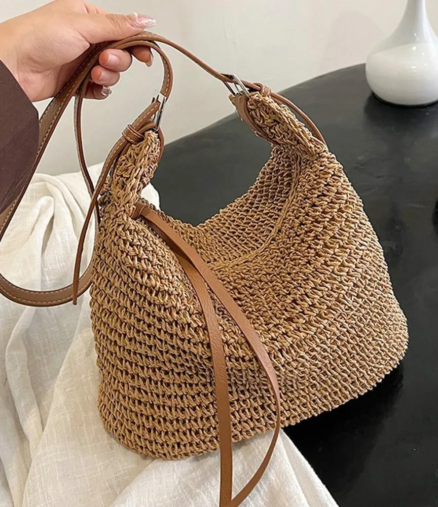 Womens Summer Straw Shoulder Crossbody Bags Large Beach Tote Purse Woven Dumpling Top Handle Handbag Vacation