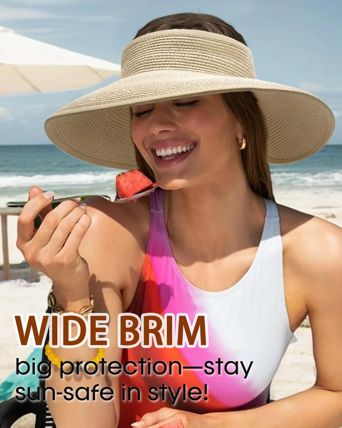 Womens Sun Visor Hats Wide Brim Straw Beach Hat UV Protection Ponytail Packable Beach Vacation Essentials