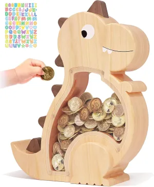 Wooden Dinosaur Piggy Bank,Cute Money Bank for Boys and Girls, Unbreakable Wood Coin Bank, Creative Saving Money Jar Personalized Present for Child Birthday & Decor