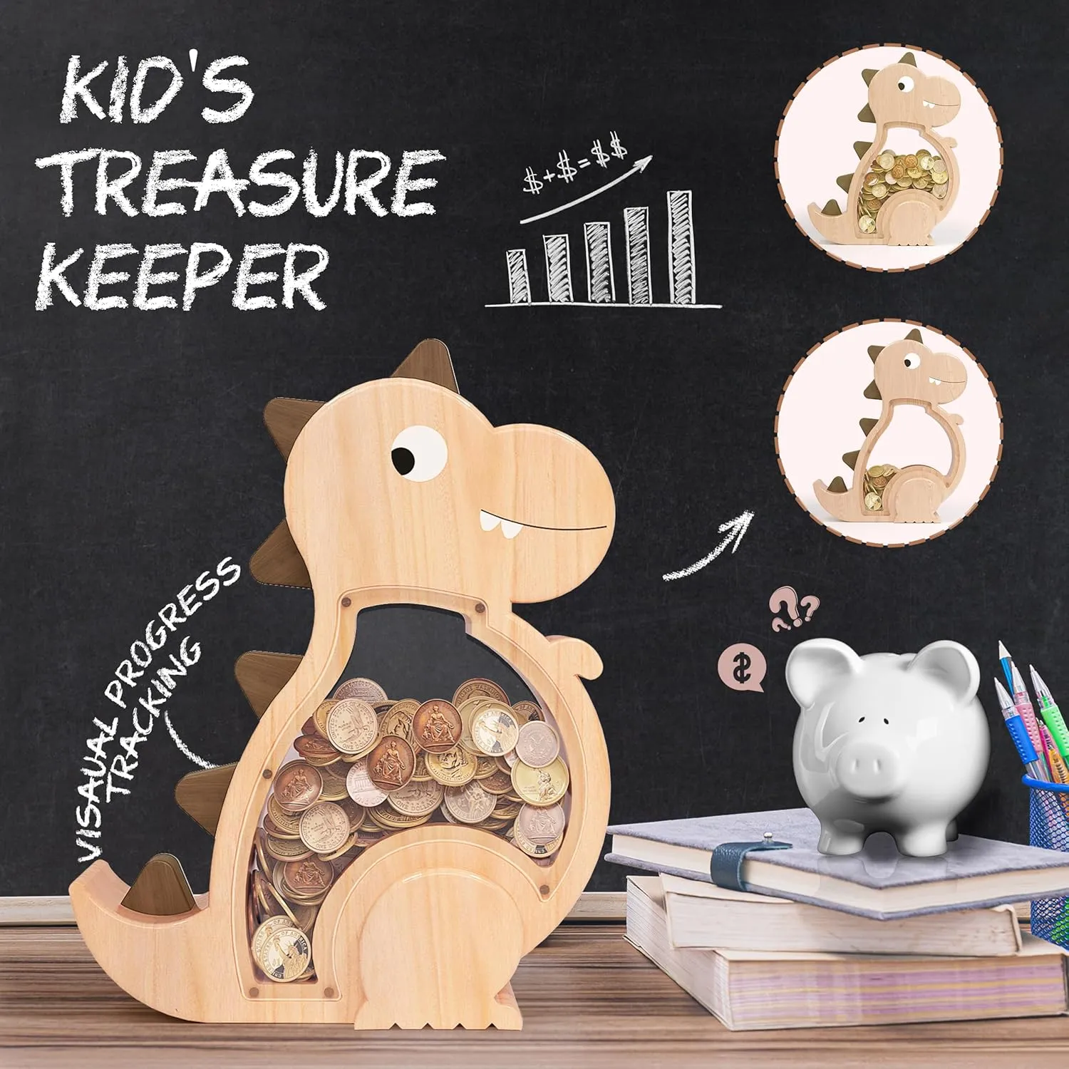 Wooden Dinosaur Piggy Bank,Cute Money Bank for Boys and Girls, Unbreakable Wood Coin Bank, Creative Saving Money Jar Personalized Present for Child Birthday & Decor
