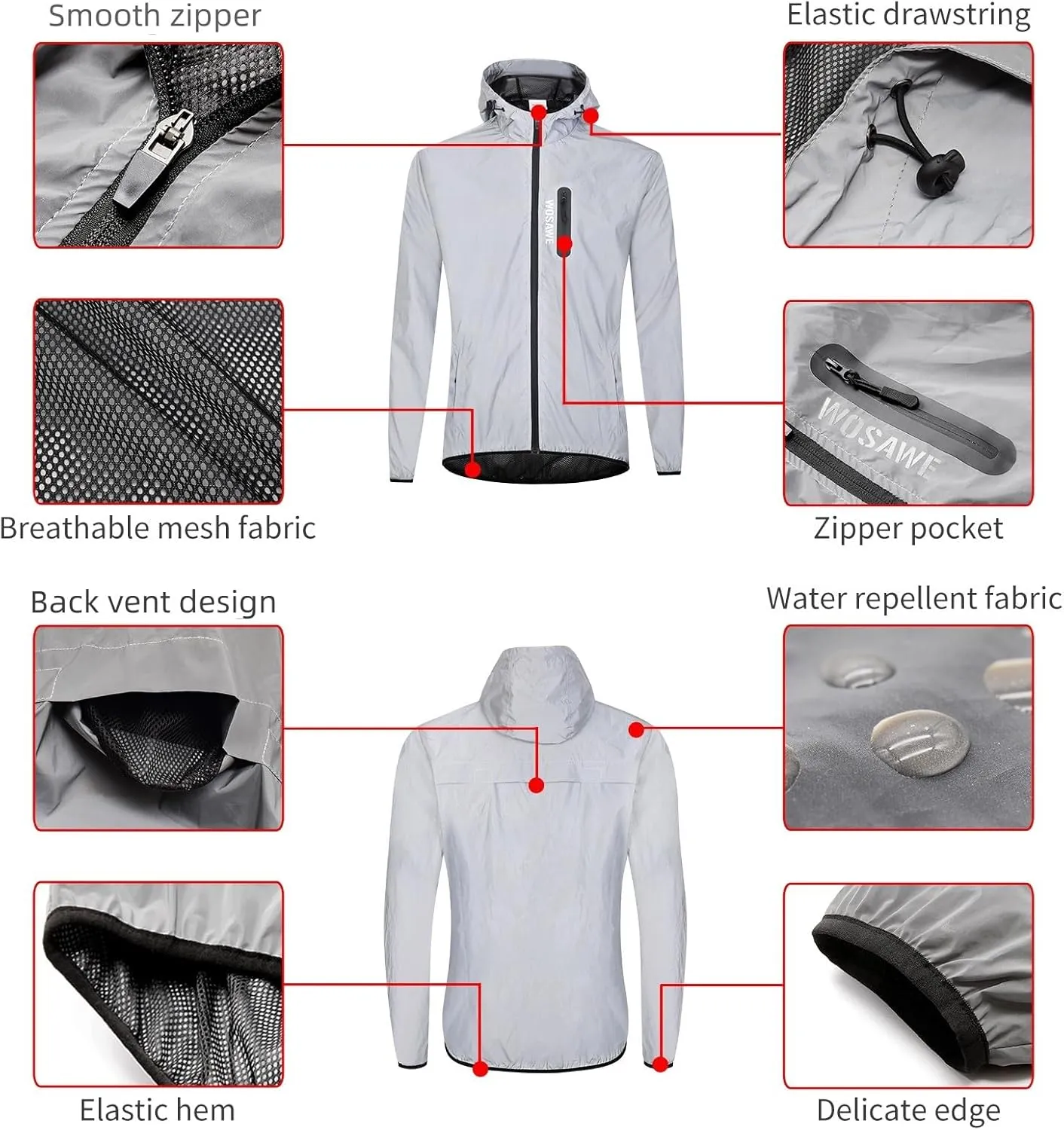 WOSAWE Men Reflective Jacket Night Glowing Bomber Jacket MTB Cycling Windbreaker Travel Sport Coat