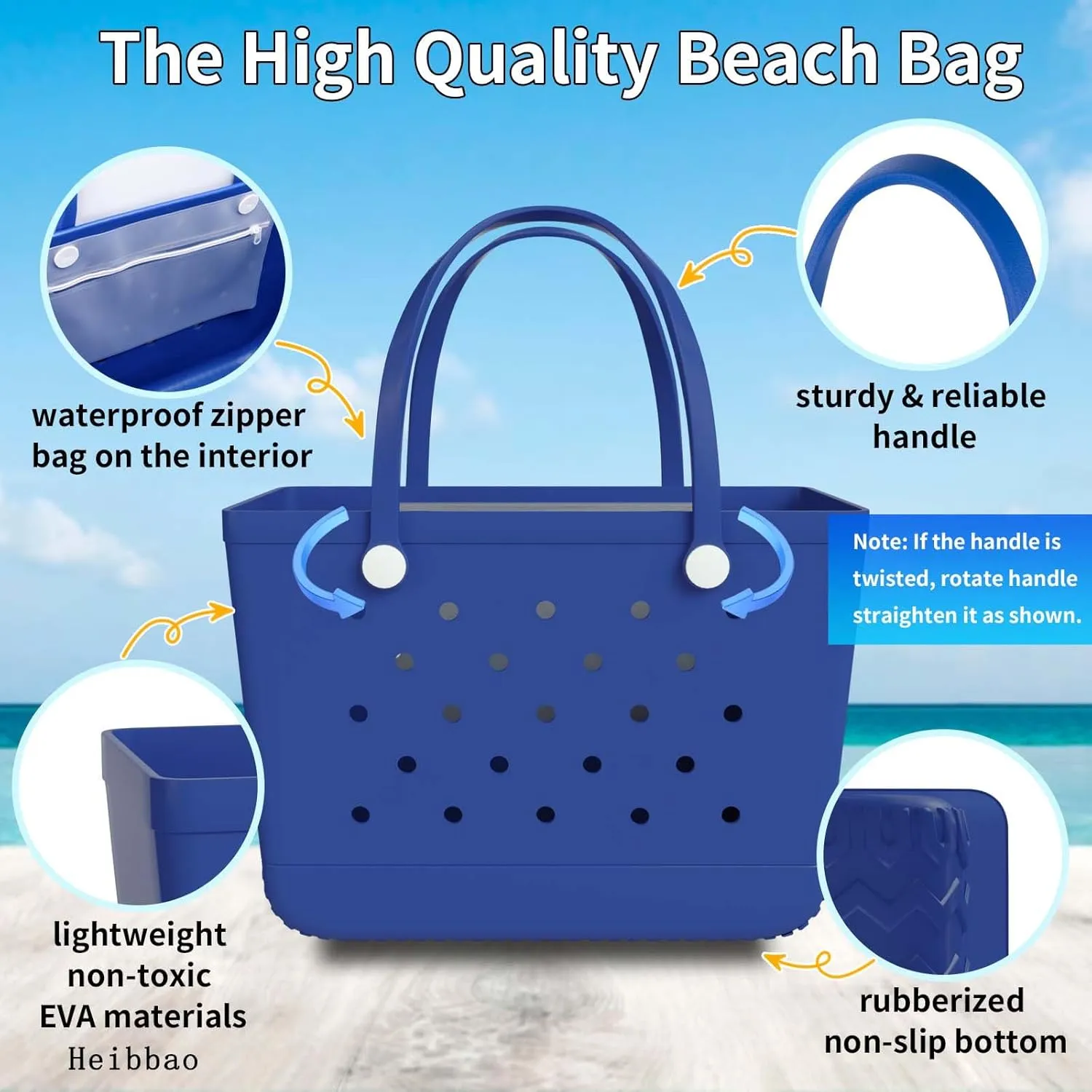 X-Large Rubber Beach Bag Tote Bag with Waterproof Zipper Inner Bag, Washable Durable Tote Bag Storage bags