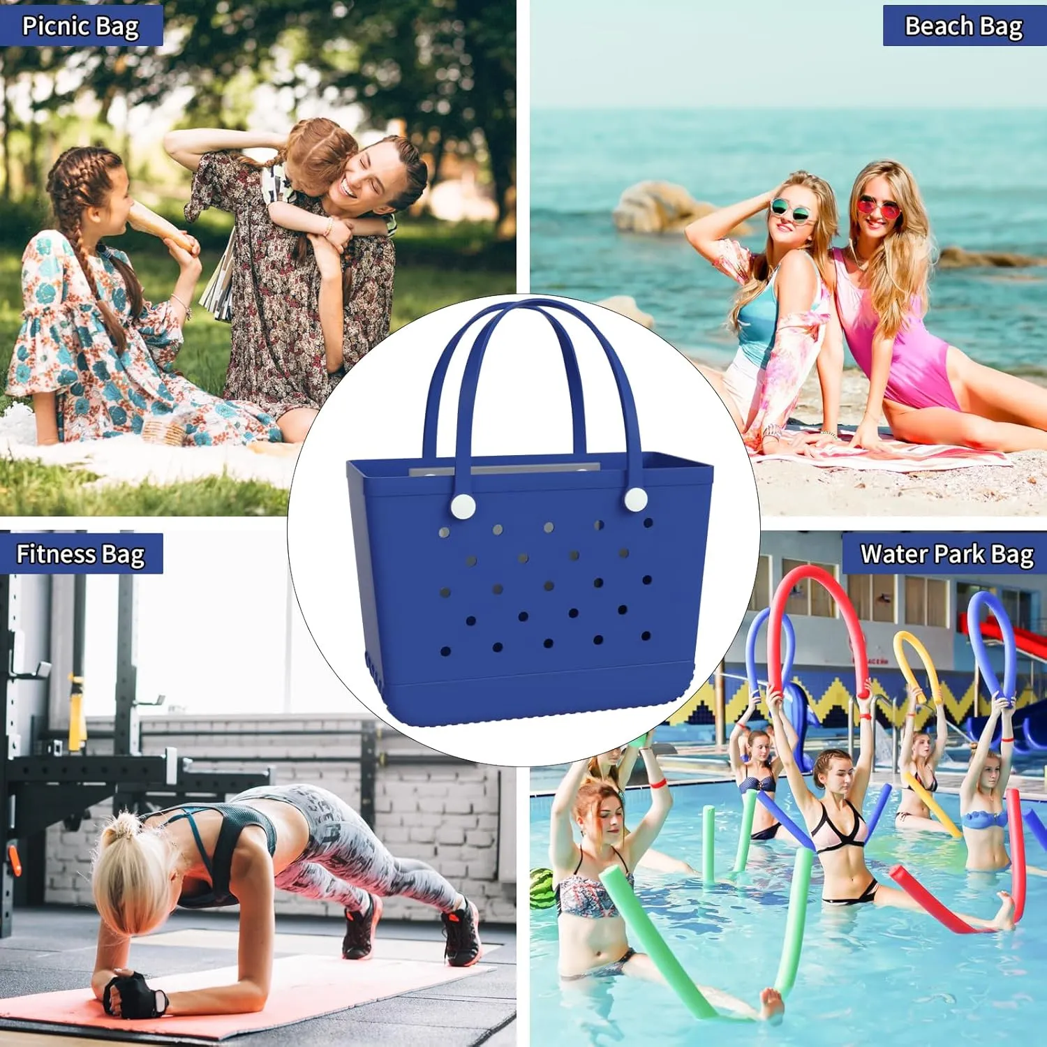 X-Large Rubber Beach Bag Tote Bag with Waterproof Zipper Inner Bag, Washable Durable Tote Bag Storage bags