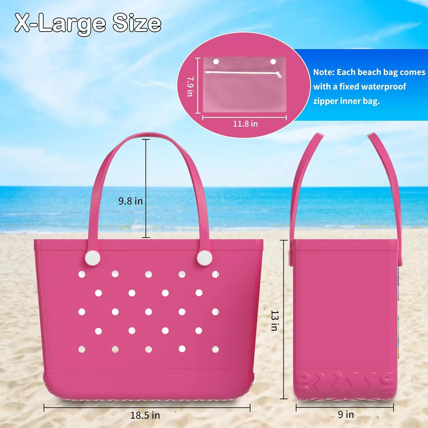 X-Large Rubber Beach Bag Tote Bag with Waterproof Zipper Inner Bag, Washable Durable Tote Bag Storage bags