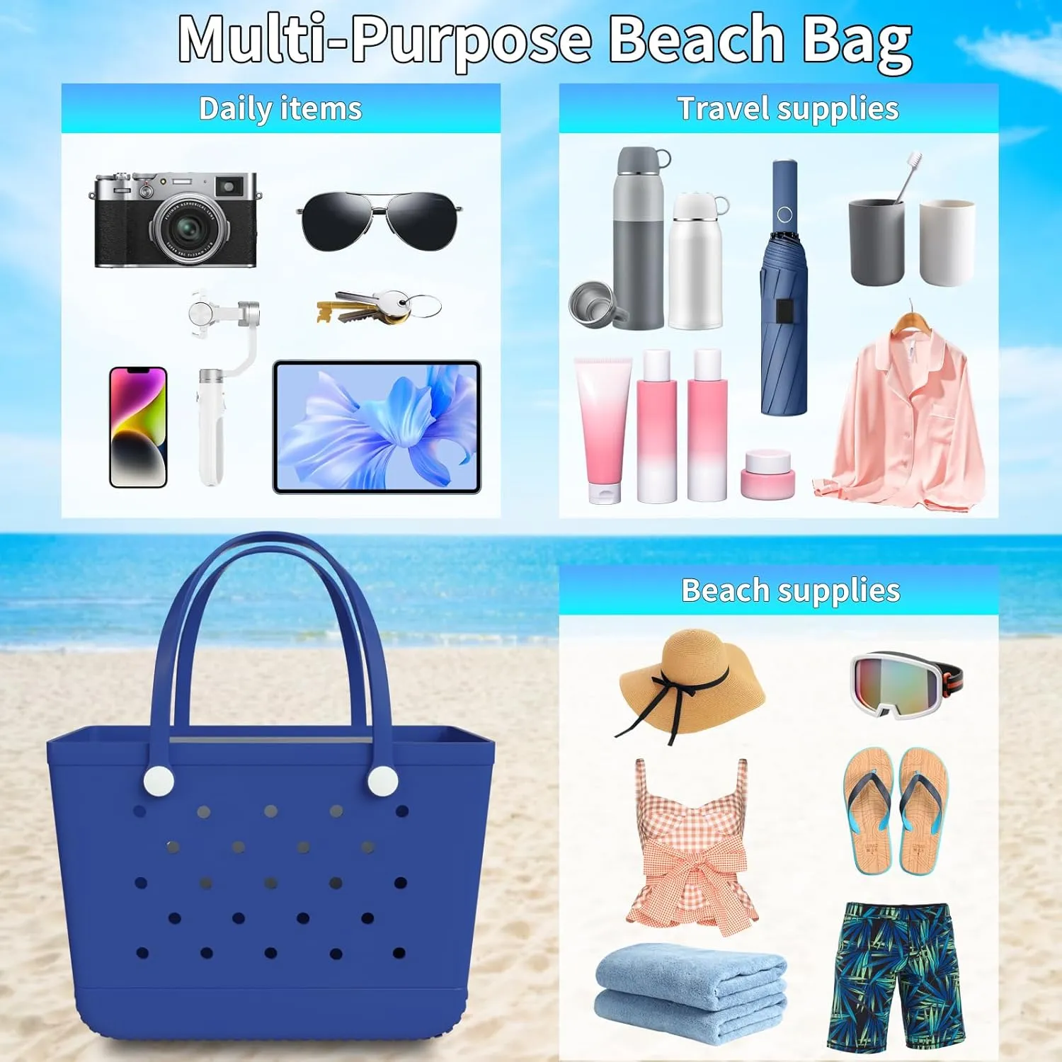 X-Large Rubber Beach Bag Tote Bag with Waterproof Zipper Inner Bag, Washable Durable Tote Bag Storage bags