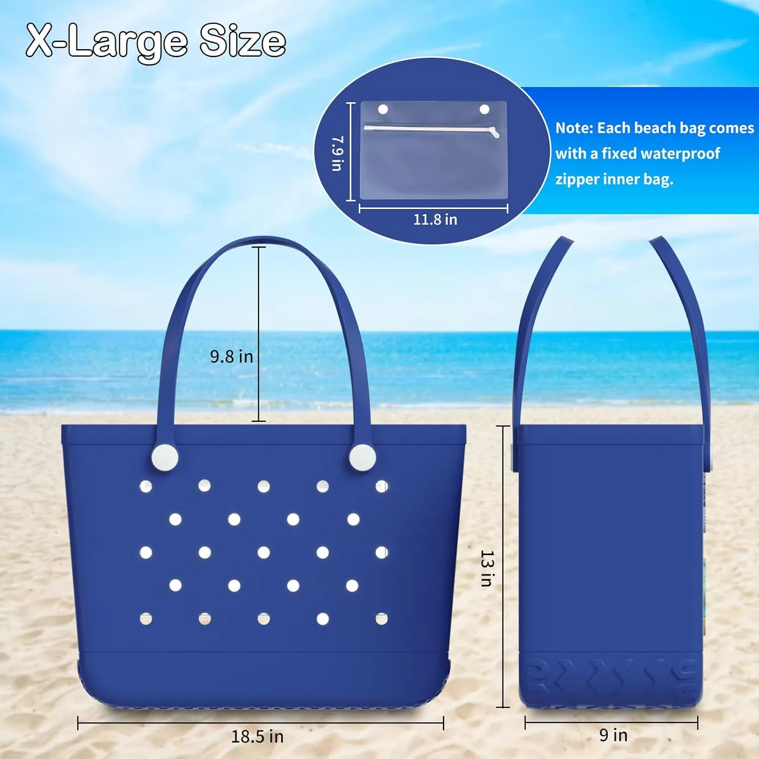 X-Large Rubber Beach Bag Tote Bag with Waterproof Zipper Inner Bag, Washable Durable Tote Bag Storage bags