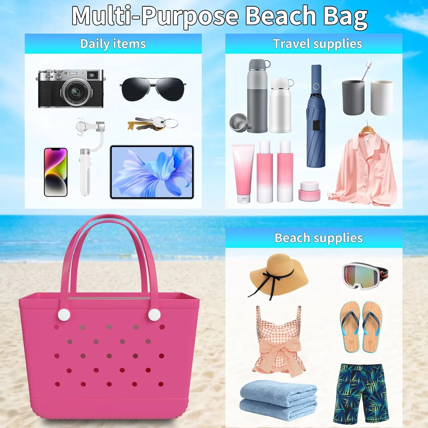 X-Large Rubber Beach Bag Tote Bag with Waterproof Zipper Inner Bag, Washable Durable Tote Bag Storage bags