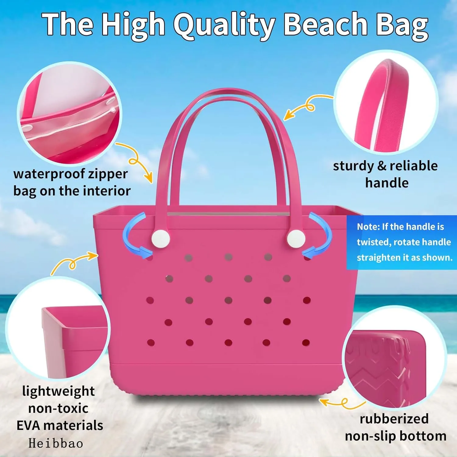 X-Large Rubber Beach Bag Tote Bag with Waterproof Zipper Inner Bag, Washable Durable Tote Bag Storage bags