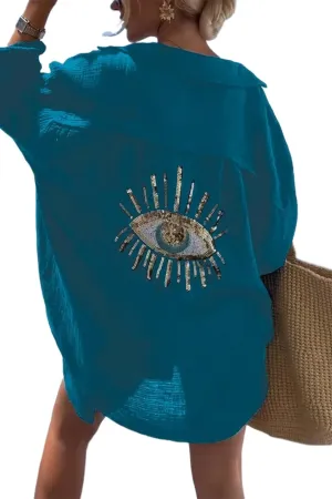 XPONNI Long Sleeve Linen Button Down Shirt Women Oversized Sequin Evil Eye Shirts Dress Beach Cover Ups Summer 2024