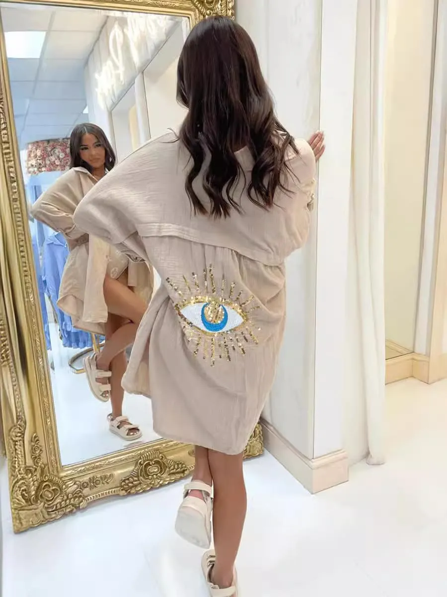 XPONNI Long Sleeve Linen Button Down Shirt Women Oversized Sequin Evil Eye Shirts Dress Beach Cover Ups Summer 2024