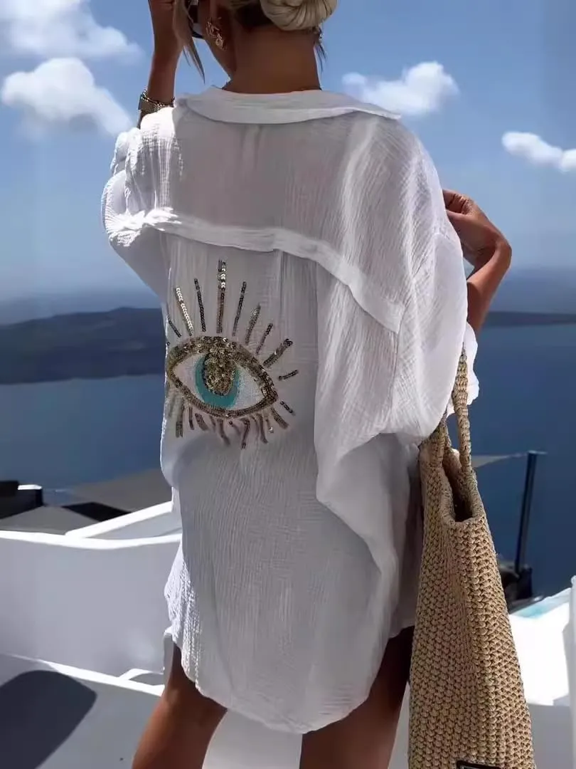 XPONNI Long Sleeve Linen Button Down Shirt Women Oversized Sequin Evil Eye Shirts Dress Beach Cover Ups Summer 2024
